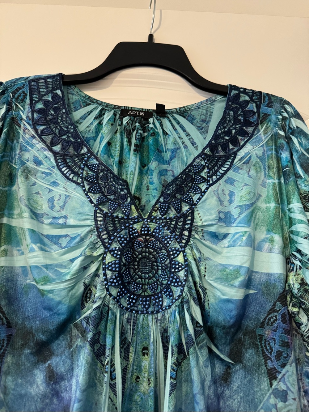 Apt. 9 Teal and Navy Embellished V-Neck Short Sleeve Tunic - Picture 3 of 11